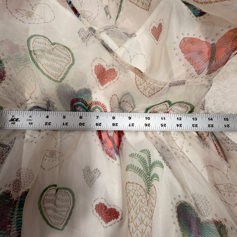 Farm Rio x Anthropologie Semi-Sheer Puff-Sleeve Mini Heart Dress White Small - Picture 6 of 9